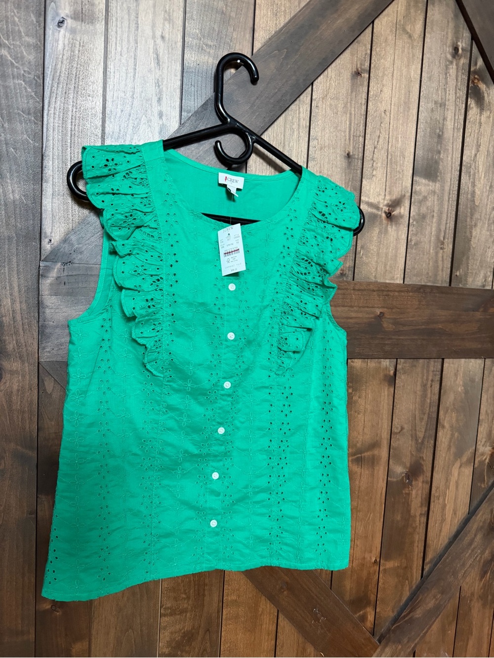 J. Crew Factory Emerald Eyelet Ruffle Button-Front Blouse
